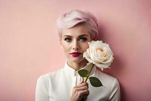 uma mulher com Rosa cabelo segurando uma rosa. gerado por IA foto