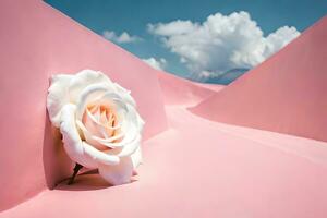 uma branco rosa senta em uma Rosa areia duna. gerado por IA foto