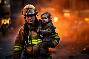 uma fêmea bombeiro carregando uma criança para segurança durante uma resgate missão. generativo ai foto