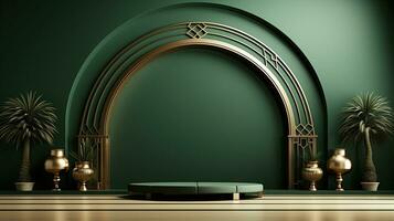 verde pódio com bege elementos dentro árabe minimalista estilo. pódio dentro a estilo do Ramadã, eid mubarak.ai gerado foto