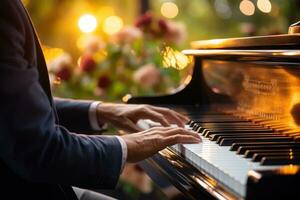 foto do masculino mãos do uma pessoa jogando a piano bokeh luzes dentro a fundo. generativo ai