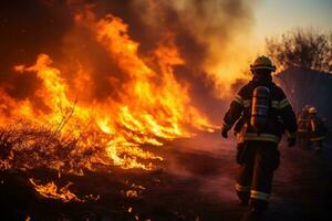 equipe do bombeiros criando uma ao controle linha, lutando avançando chamas. generativo ai foto