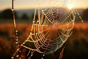 fechar acima nascer do sol retroiluminado orvalho gotas agarrado para uma delicado aranha rede. generativo ai foto