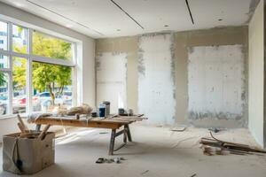 renovação e modernização com achatado drywall paredes dentro uma condomínio sala. generativo ai foto