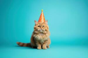 feliz gato a comemorar aniversário com festa chapéu sobre, isolado em azul fundo. generativo ai foto