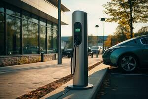 elétrico carro cobrando bateria às ev carregador estação. generativo ai. foto