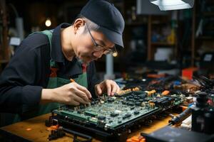 engenheiro mão detém de solda ferro e chumbo-estanho para solda eletrônico borda. generativo ai foto