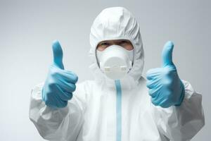 retrato estilo foto do uma pessoa vestindo hazmat terno vestindo químico luvas. generativo ai