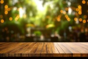 de madeira mesa topo com borrão fundo do café cafeteria. generativo ai foto