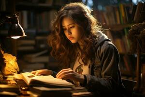 menina dentro a biblioteca do a escola descobrindo uma livro. generativo ai foto