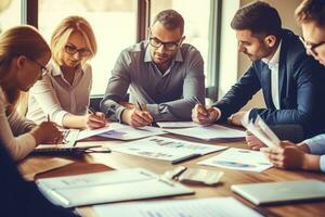 grupo do contadores ajudando uma cliente às uma mesa através seus financeiro declarações. generativo ai foto