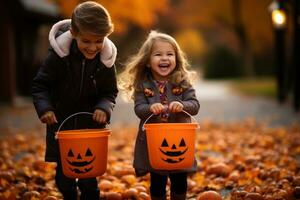 crianças truque ou tratando com jackolantern doce baldes em dia das Bruxas foto