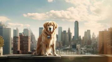 ai generativo dourado retriever cachorro sentado em uma telhado dentro Novo Iorque cidade foto