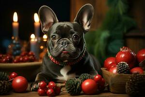 Novo anos equipe festividade cachorro com Natal árvore em dele cabeça. generativo ai foto