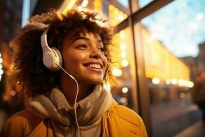 africano americano mulher escuta música com fones de ouvido em cidade rua, generativo ai. foto