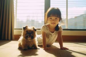 a pequeno menina é deitado em a chão jogando em a chão às casa com uma animal cachorro. generativo ai foto