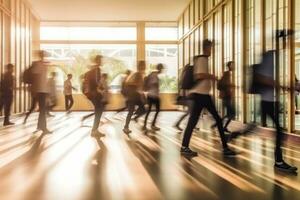 foto embaçado, abstrato imagem do aluna pessoas caminhando em a escola. generativo ai