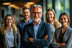 líder ou Gerente olhando feliz face retrato do ambicioso corporativo homens e mulheres. generativo ai foto