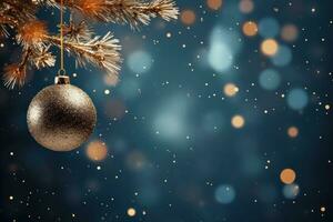 Natal árvore dentro bola suspensão abeto ramo com dourado cintilante em azul abstrato noite. generativo ai foto