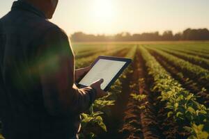 fechar-se retrato agrônomo examinando colheita saúde usando uma tábua dentro uma iluminado pelo sol campo. generativo ai foto