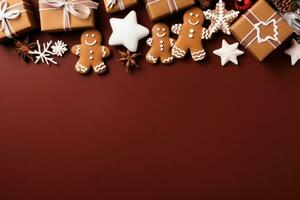 Natal bandeira com alguns presentes, Pão de gengibre homem biscoitos em vermelho fundo. generativo ai foto