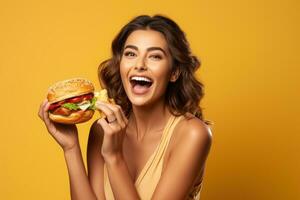 comendo uma Hamburger do internacional pessoas. generativo ai foto