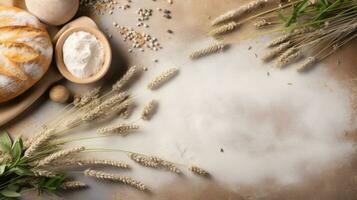 disposição para pão farinha ingredientes Comida fotografia textura bandeira detalhado. generativo ai foto