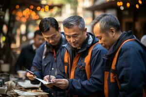 trabalhadores usando técnico Ferramentas para estimativa a ambiente. generativo ai foto