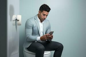 homem sentado em banheiro usando Móvel telefone. generativo ai foto