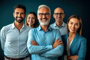 líder ou Gerente olhando feliz face retrato do ambicioso corporativo homens e mulheres. generativo ai foto