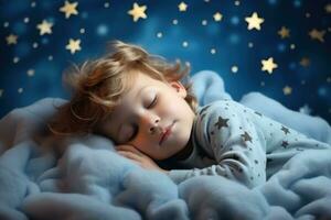 uma pequeno criança é dormindo dentro suave nuvens, cercado de espaço, estrelado céu e paz. generativo ai foto