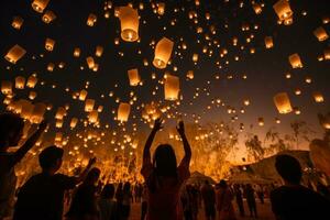 pessoas segurando flutuando lanternas durante sim peng festival. generativo ai foto