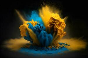 explosão do amarelo e azul cor pintura pó em Preto fundo. neural rede gerado arte foto