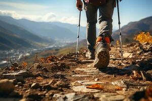 fechar acima do a atividade caminhada do uma perna caminhando em Alto montanha. generativo ai foto