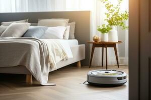 uma robô vácuo limpador é limpeza a cama quarto chão. generativo ai foto