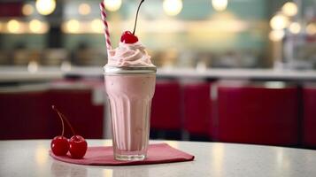 cereja milkshake dentro uma clássico americano o jantar. Comida fotografia conceito. generativo ai foto