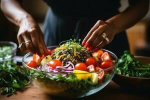 fechar acima do uma mulher preparando uma salada. generativo ai foto