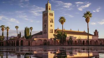 crepúsculo tranqüilidade. sereno momentos às Koutoubia mesquita. generativo ai foto