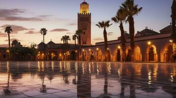 crepúsculo tranqüilidade. sereno momentos às Koutoubia mesquita. generativo ai foto