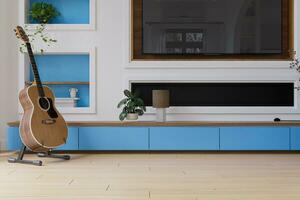 uma musical guitarra em pé de a televisão painel e unidade dentro a estilo minimalista vivo sala. 3d Renderização foto