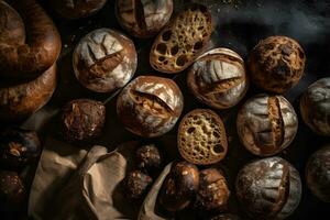 muitos misturado pães e rolos tiro a partir de acima. neural rede ai gerado foto