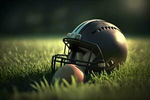 americano futebol capacete em verde grama. neural rede ai gerado arte foto