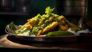 indiano Comida chamado vegetal Biryani em a ornamentado cerâmico prato dentro a opulento indiano restaurante. ai generativo foto