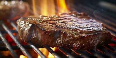 carne lombo bife grelhar em uma flamejante grade. generativo ai foto