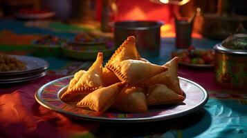 indiano Comida chamado samosa em uma colorida cerâmico prato dentro uma animado indiano rua fornecedor ai generativo foto