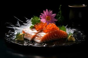 japonês Comida - sashimi dentro elegante prato dentro bem jantar restaurante ai generativo foto