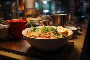 japonês Comida - ramen dentro tradicional cerâmico tigela dentro ramen fazer compras cozinha ai generativo foto