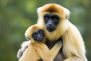 fechar imagem do bochecha gibão macaco mãe com uma criança dentro a floresta. generativo ai foto