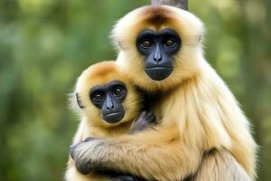 fechar imagem do bochecha gibão macaco mãe com uma criança dentro a floresta. generativo ai foto