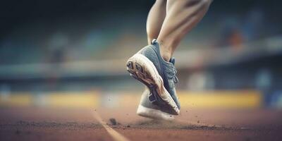 corredor pés corrida em uma estádio, fechar-se em pés, Esportes fundo, espaço para cópia de, ai generativo foto